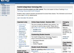 The public homepage of Foothill Music Tech contains recent news clippings and information about upcoming guest speakers whose presentations are recorded and archived for student viewing.