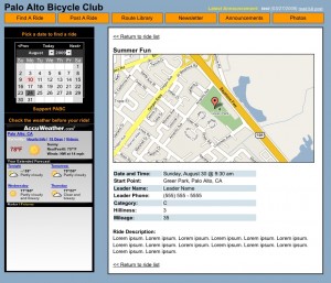 Details of a group ride on the Palo Alto Bicycle Club website uses the Google Maps API to display the start point for the ride.
